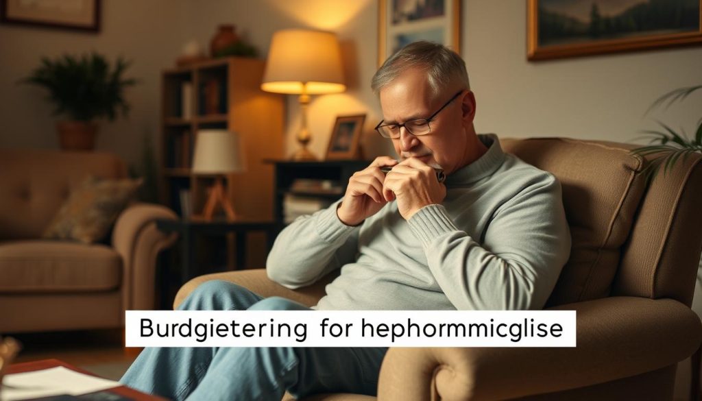 A cozy living room scene with a person sitting on a comfortable armchair, intently playing a vintage-style harmonica. Soft, warm lighting illuminates the moment, casting a golden glow. The room is adorned with tasteful decor, hinting at the user's personal style and budget. In the background, a bookshelf or small side table provides a sense of depth and context. The image conveys a peaceful, contemplative atmosphere, suitable for illustrating the section on budgeting for harmonica usage.