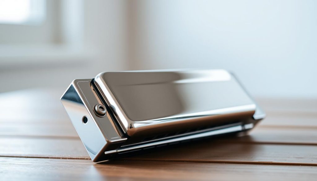 A sleek, chrome-plated harmonica chromatique rests on a wooden surface, its intricate design and polished exterior catching the soft, diffused light from an unseen source. The instrument's rows of numbered buttons and metal reeds glisten, hinting at the rich, expressive tones it can produce. In the background, a blurred, minimalist setting evokes a sense of focus and contemplation, allowing the harmonica to take center stage as the subject of this carefully composed image.