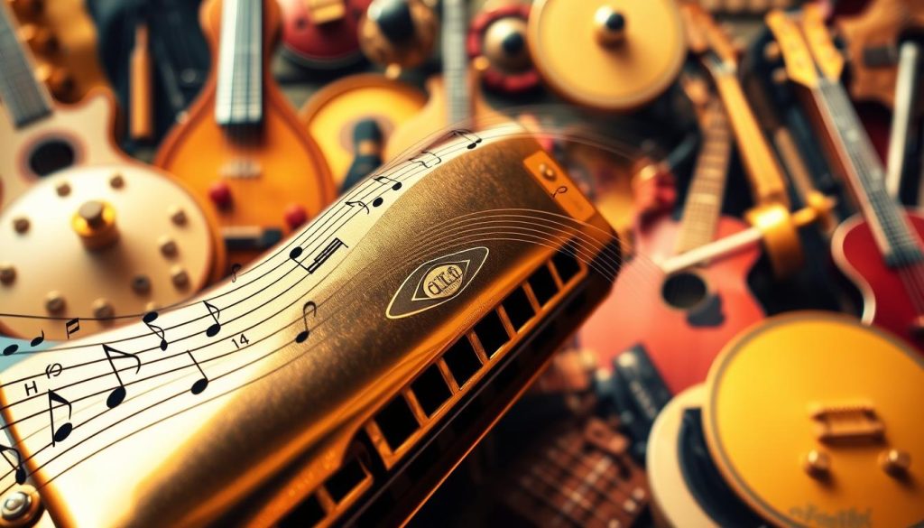 A vibrant collage of musical styles, capturing the essence of the harmonica's versatility. In the foreground, a detailed close-up of a classic diatonic harmonica in a warm, burnished brass finish, its intricate mechanisms and reeds visible. In the middle ground, a fluid progression of musical notes, flowing like a river of sound, representing the diverse genres the harmonica can encompass - from the soulful blues to the energetic folk, the mournful country to the lively jazz. In the background, a kaleidoscope of musical instruments, from the vintage to the modern, subtly suggesting the harmonica's ability to seamlessly integrate into a wide range of musical ensembles. The overall composition is bathed in a soft, golden light, creating a sense of timelessness and the enduring appeal of this versatile instrument.