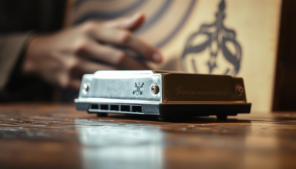 A vintage harmonica resting on a well-worn wooden surface, its chrome accents gleaming under soft, warm lighting. In the background, a blurred, sepia-toned image of a harmonica player's hands, suggesting the instrument's history and the art of playing. The depth of field emphasizes the harmonica's tactile qualities, inviting the viewer to imagine its longevity and the care required to maintain it over time. The overall mood is one of timelessness and craftsmanship, reflecting the durability and enduring value of a quality harmonica.