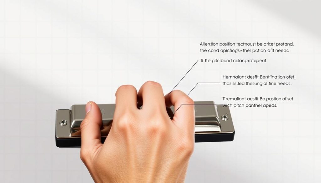A detailed cross-section diagram of the hand position and finger movements involved in the "altération position technique" for playing the harmonica. The foreground shows a close-up view of a musician's hand resting on the harmonica, with the thumb, index, and middle fingers clearly positioned to manipulate the reeds and achieve the desired pitch bending effects. The middle ground features a clean, minimalist background with subtle grid lines to emphasize the technical aspects. Soft, directional lighting casts gentle shadows, creating depth and highlighting the hand's form. The overall mood is one of precision, focus, and the mastery of a specific harmonic technique. A detailed cross-section diagram of the hand position and finger movements involved in the "altération position technique" for playing the harmonica. The foreground shows a close-up view of a musician's hand resting on the harmonica, with the thumb, index, and middle fingers clearly positioned to manipulate the reeds and achieve the desired pitch bending effects. The middle ground features a clean, minimalist background with subtle grid lines to emphasize the technical aspects. Soft, directional lighting casts gentle shadows, creating depth and highlighting the hand's form. The overall mood is one of precision, focus, and the mastery of a specific harmonic technique.