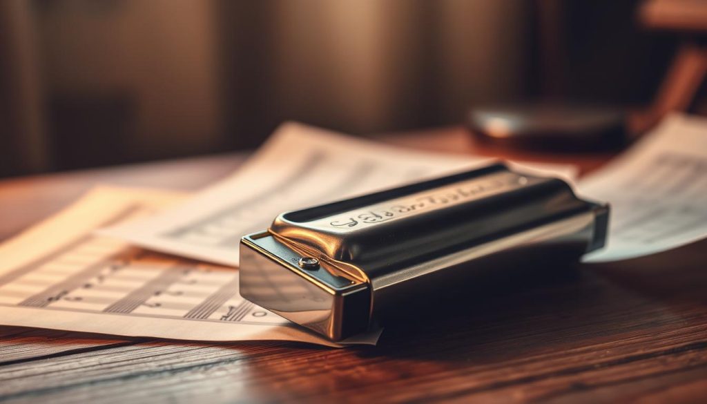 A detailed harmonica nestled on a wooden table, its metallic body gleaming under warm lighting. The instrument is surrounded by sheet music, conveying the sense of a musician's workspace. The background features a blurred, moody atmosphere, suggesting the intimate, introspective nature of playing the harmonica. The overall composition evokes the nuanced process of transposing musical pieces, as the viewer is drawn into the harmony and technicality of the instrument. A detailed harmonica nestled on a wooden table, its metallic body gleaming under warm lighting. The instrument is surrounded by sheet music, conveying the sense of a musician's workspace. The background features a blurred, moody atmosphere, suggesting the intimate, introspective nature of playing the harmonica. The overall composition evokes the nuanced process of transposing musical pieces, as the viewer is drawn into the harmony and technicality of the instrument.