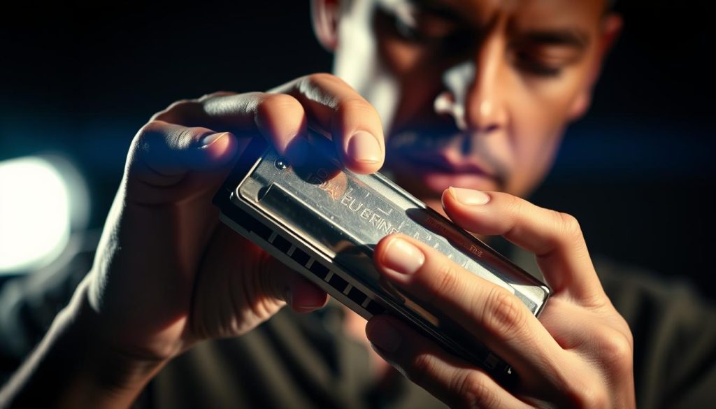 A virtuosic musician holding a vintage harmonica, its metallic body glistening under dramatic studio lighting. The player's skilled fingers hover over the instrument, ready to coax out a soulful, soaring overblow. The background is softly blurred, drawing the viewer's focus to the precise placement of the harmonica and the intense concentration on the performer's face. Subtle shadows and highlights accentuate the harmonica's intricate mechanics, capturing the technical mastery required to execute this advanced playing technique. The overall mood is one of artistry, precision, and the expressive power of the humble yet versatile harmonica. A virtuosic musician holding a vintage harmonica, its metallic body glistening under dramatic studio lighting. The player's skilled fingers hover over the instrument, ready to coax out a soulful, soaring overblow. The background is softly blurred, drawing the viewer's focus to the precise placement of the harmonica and the intense concentration on the performer's face. Subtle shadows and highlights accentuate the harmonica's intricate mechanics, capturing the technical mastery required to execute this advanced playing technique. The overall mood is one of artistry, precision, and the expressive power of the humble yet versatile harmonica.