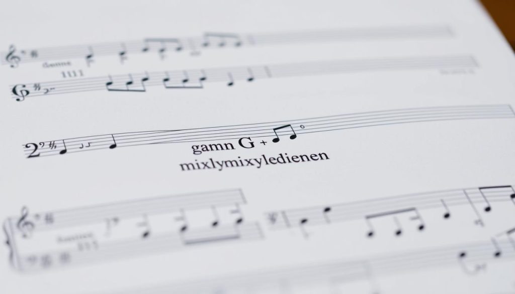 An intricate sheet music score depicting the "gamme G mixolydien" (G mixolydian scale) displayed prominently in the center. The score is rendered in a crisp, clean style with clear notation against a neutral white background. The lighting is soft and even, accentuating the delicate lines and curves of the musical symbols. The angle is slightly elevated, offering a perspective that highlights the structured arrangement of the scale. The overall mood is one of clarity and focus, inviting the viewer to study the musical concept in detail. The image conveys a sense of educational purpose, suitable for illustrating a section on understanding the cross harp technique in harmonica playing. An intricate sheet music score depicting the "gamme G mixolydien" (G mixolydian scale) displayed prominently in the center. The score is rendered in a crisp, clean style with clear notation against a neutral white background. The lighting is soft and even, accentuating the delicate lines and curves of the musical symbols. The angle is slightly elevated, offering a perspective that highlights the structured arrangement of the scale. The overall mood is one of clarity and focus, inviting the viewer to study the musical concept in detail. The image conveys a sense of educational purpose, suitable for illustrating a section on understanding the cross harp technique in harmonica playing.