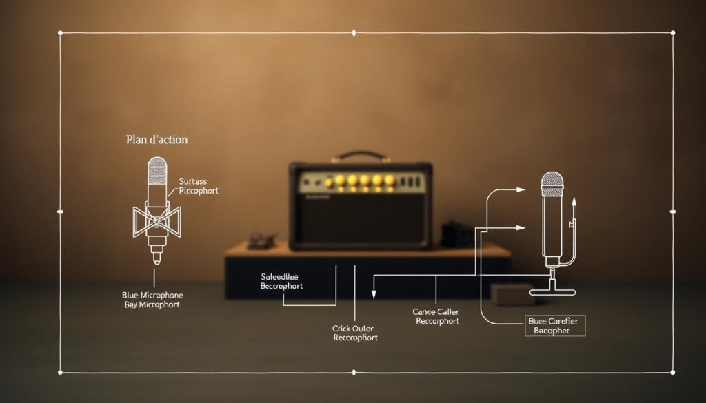 A blueprint-style diagram depicting a well-thought-out plan for selecting the ideal microphone and amplifier setup for a blues harmonica performance. The foreground shows a clean, technical schematic with labeled components and interconnections, conveying a sense of precision and thoughtfulness. The middle ground features a harmonious arrangement of the selected gear, lit with a warm, golden glow to evoke the classic blues aesthetic. The background subtly fades into a textured, muted backdrop, allowing the planning process to take center stage. The overall composition exudes a balance of functionality and artistic expression, reflecting the care and intention that goes into crafting an effective and visually appealing "plan d'action" for the perfect blues harmonica setup. A blueprint-style diagram depicting a well-thought-out plan for selecting the ideal microphone and amplifier setup for a blues harmonica performance. The foreground shows a clean, technical schematic with labeled components and interconnections, conveying a sense of precision and thoughtfulness. The middle ground features a harmonious arrangement of the selected gear, lit with a warm, golden glow to evoke the classic blues aesthetic. The background subtly fades into a textured, muted backdrop, allowing the planning process to take center stage. The overall composition exudes a balance of functionality and artistic expression, reflecting the care and intention that goes into crafting an effective and visually appealing "plan d'action" for the perfect blues harmonica setup.