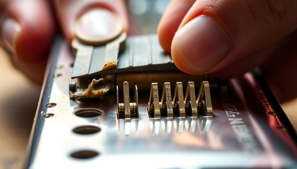 A close-up view of a harmonica, showcasing the process of replacing its reeds or "plaques anches". The foreground features the harmonica's interior, with the old, worn-out reeds visible. Delicate hands gently remove the reeds, revealing the intricate metal framework. In the middle ground, a set of fresh, pristine reeds waits to be meticulously installed, their shiny surfaces reflecting the warm, directional lighting. The background is softly blurred, creating a sense of focus and attention on the technical details of the harmonica's maintenance. The overall mood is one of precision, care, and the reverence for the delicate mechanisms that create the harmonica's distinctive sound.
