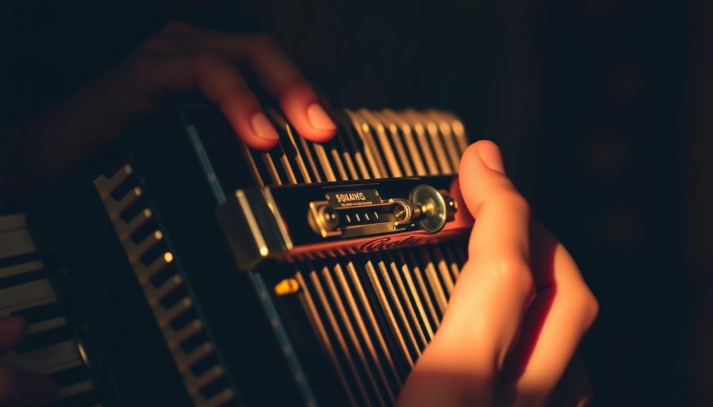 A close-up view of a musician's hands carefully tuning a harmonica, with the focus on the accordion-like mechanism and a single reed. Soft, warm lighting illuminates the intricate details, casting gentle shadows that accentuate the mechanical components. The scene conveys a sense of precision and care, as the player meticulously adjusts the reed to achieve the perfect pitch, ready to produce the rich, soulful tones of the harmonica.