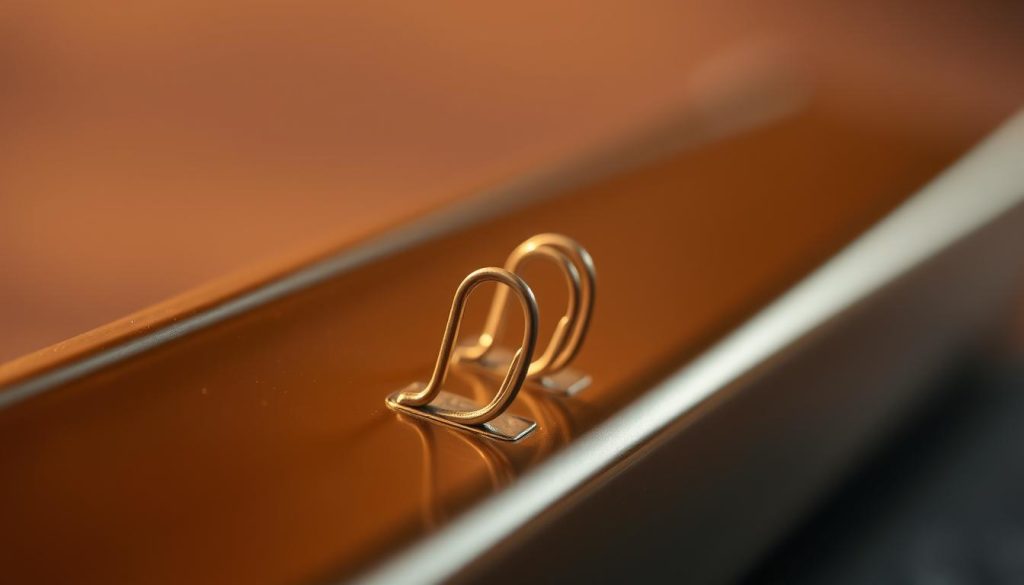 A close-up view of a single harmonica reed, or "anche", in a warm, natural lighting setting. The reed is positioned centrally within the frame, showcasing its intricate structure and metal composition. The background is blurred, with subtle hints of the harmonica body visible, creating a sense of depth and focus on the key component. The lighting casts gentle shadows, highlighting the textural details and curvature of the reed. The overall mood is one of precision, craftsmanship, and the delicate nature of this essential harmonica part.