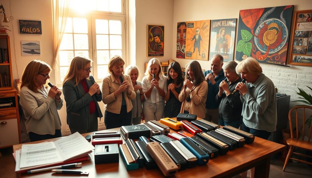 A cozy atelier with a warm, inviting atmosphere. In the foreground, a group of people gather around a harmonious ensemble, their faces animated with joy as they play their harmonicas in unison. Soft, natural lighting filters in through large windows, casting a golden glow over the scene. The middle ground features a variety of harmonicas in various colors, arranged on a wooden table, along with sheet music and other musical accessories. In the background, the walls are adorned with vibrant, artistic posters and paintings, creating a sense of creative energy and community. The overall composition conveys a harmonious, collaborative learning experience, where individuals come together to explore the joyful art of harmonica playing. A cozy atelier with a warm, inviting atmosphere. In the foreground, a group of people gather around a harmonious ensemble, their faces animated with joy as they play their harmonicas in unison. Soft, natural lighting filters in through large windows, casting a golden glow over the scene. The middle ground features a variety of harmonicas in various colors, arranged on a wooden table, along with sheet music and other musical accessories. In the background, the walls are adorned with vibrant, artistic posters and paintings, creating a sense of creative energy and community. The overall composition conveys a harmonious, collaborative learning experience, where individuals come together to explore the joyful art of harmonica playing.