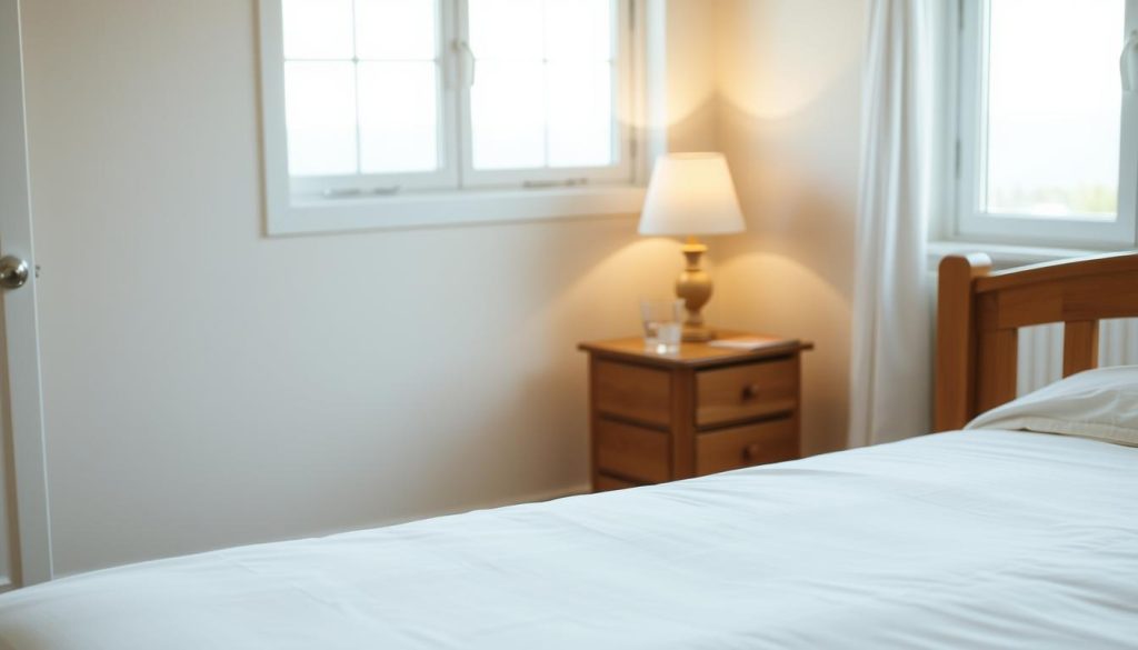 A cozy, well-lit bedroom with a neatly made bed and a wooden bedframe in the foreground. The bedsheet is crisp and clean, and the bedframe has a warm, natural finish. The middle ground features a wooden nightstand with a reading lamp and a glass of water, creating a peaceful and inviting atmosphere. The background showcases a tranquil window, allowing natural light to flood the room and highlighting the overall sense of cleanliness and relaxation. A cozy, well-lit bedroom with a neatly made bed and a wooden bedframe in the foreground. The bedsheet is crisp and clean, and the bedframe has a warm, natural finish. The middle ground features a wooden nightstand with a reading lamp and a glass of water, creating a peaceful and inviting atmosphere. The background showcases a tranquil window, allowing natural light to flood the room and highlighting the overall sense of cleanliness and relaxation.