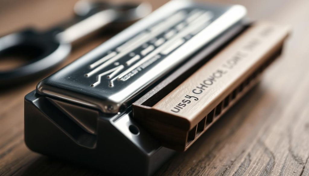 A detailed close-up shot of a classic harmonica, commonly known as a "peigne harmonica" or "comb harmonica". The instrument is positioned prominently in the center of the frame, with a shallow depth of field to emphasize the intricate details. The metallic body and wooden comb components are rendered with a high level of realism, showcasing the craftsmanship and design. Soft, directional lighting accentuates the contours and textures, creating a sense of depth and dimension. The image conveys a sense of precision and focus, suitable for illustrating the "Identifier les pièces et préparer les outils de base" section of the article on harmonica maintenance and tuning.