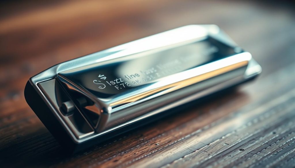 A detailed, high-resolution image of a shiny, silver harmonica resting on a wooden surface, with soft, warm lighting illuminating the instrument from the side. The harmonica is in sharp focus, with the individual reeds and detailed engravings clearly visible. The background is softly blurred, creating a sense of depth and focus on the main subject. The overall mood is one of elegance and musicality, evoking the beauty and expressiveness of the harmonica as a musical instrument. A detailed, high-resolution image of a shiny, silver harmonica resting on a wooden surface, with soft, warm lighting illuminating the instrument from the side. The harmonica is in sharp focus, with the individual reeds and detailed engravings clearly visible. The background is softly blurred, creating a sense of depth and focus on the main subject. The overall mood is one of elegance and musicality, evoking the beauty and expressiveness of the harmonica as a musical instrument.