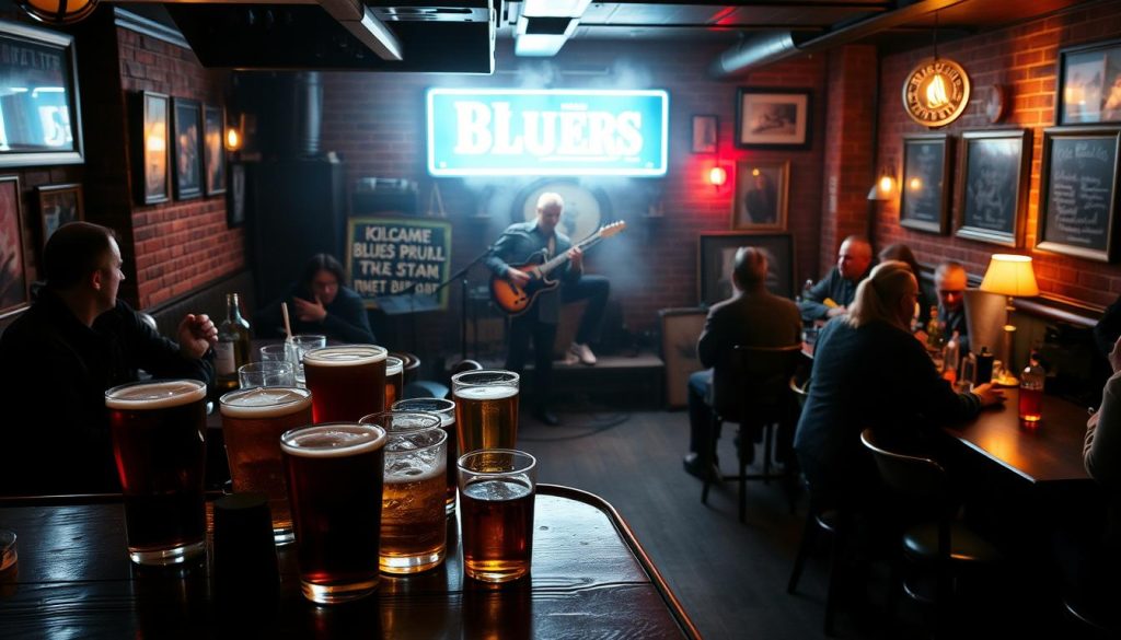 A dimly lit bar interior with a lively blues band playing on a small stage. The foreground features an assortment of beverages on a wooden bar top, including glasses of beer, cocktails, and maybe a bottle or two. The middle ground shows patrons seated at tables, engaged in conversation, some tapping their feet to the music. The background depicts the bar's brick walls, vintage decor, and a hazy atmosphere created by soft lighting and perhaps a hint of cigarette smoke. The overall scene conveys the vibrant, atmospheric vibe of a classic blues pub or dive bar. A dimly lit bar interior with a lively blues band playing on a small stage. The foreground features an assortment of beverages on a wooden bar top, including glasses of beer, cocktails, and maybe a bottle or two. The middle ground shows patrons seated at tables, engaged in conversation, some tapping their feet to the music. The background depicts the bar's brick walls, vintage decor, and a hazy atmosphere created by soft lighting and perhaps a hint of cigarette smoke. The overall scene conveys the vibrant, atmospheric vibe of a classic blues pub or dive bar.