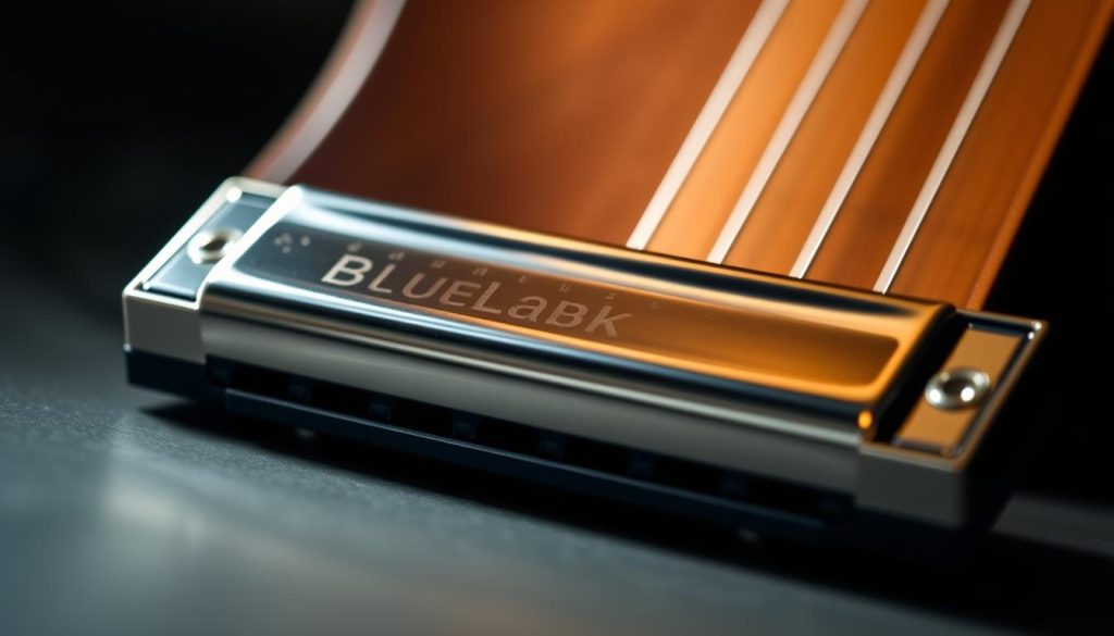 A high-quality, detailed image of a BluexLab Flexrack harmonica. The harmonica is positioned in the center of the frame, in sharp focus. The metallic frame and rack housing are visible, showcasing the integrated design. Soft, diffused lighting illuminates the instrument from the side, creating subtle shadows and highlights that accentuate the textures and contours. The background is blurred, keeping the attention on the harmonica. The overall mood is one of precision, functionality, and professional-grade quality, reflecting the technical nature of the subject matter.