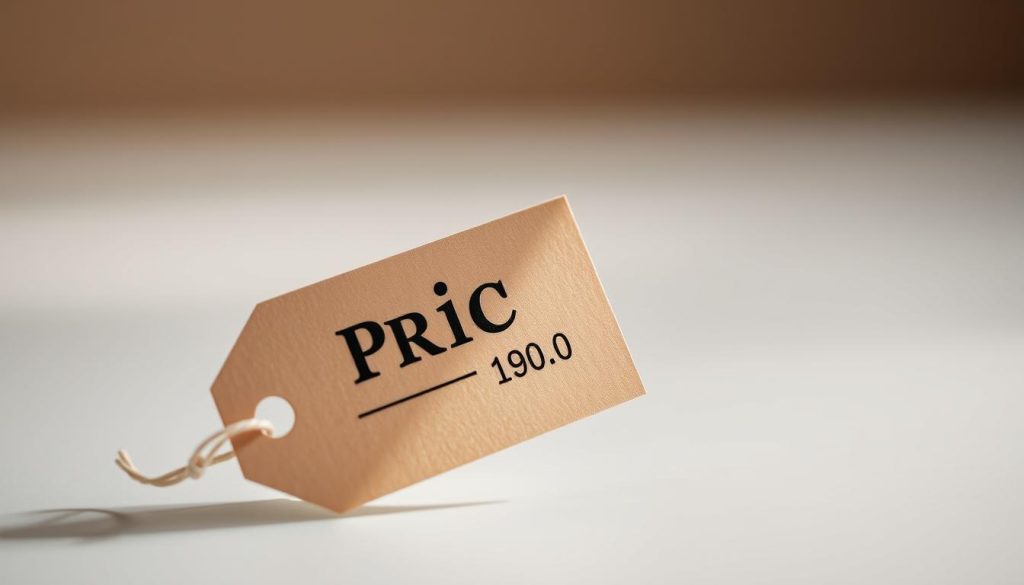 A high-quality image of a prix (price) tag or label against a blurred, soft-focus background. The prix is prominently displayed, with clear and legible pricing information. The image has a sleek, minimalist aesthetic with a warm, muted color palette, conveying a sense of sophistication and value. The lighting is subtle and directional, casting gentle shadows that add depth and dimension to the scene. The camera angle is slightly elevated, creating a clean, uncluttered composition that focuses the viewer's attention on the prix. The overall mood is one of thoughtful consideration, inviting the viewer to contemplate the price-quality relationship of the featured product.