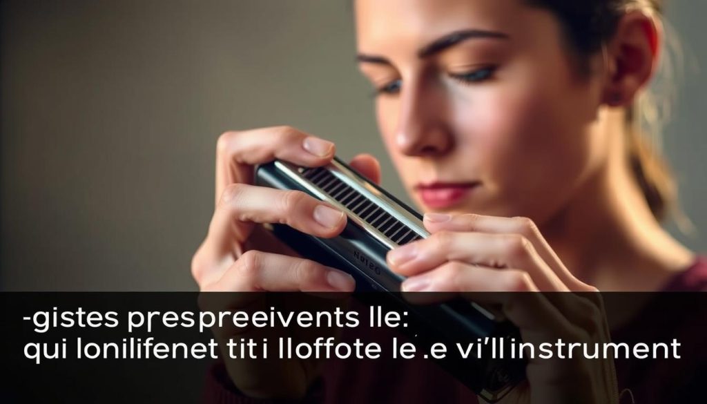 A person carefully holding a harmonica, their fingers delicately positioned over the reed plates, poised to play. The harmonica is the central focus, with a soft, warm lighting illuminating its intricate details. The background is blurred, creating a sense of depth and emphasizing the importance of the instrument. The model's expression is contemplative, conveying the reverence and care one should have before playing the harmonica. The overall mood is one of anticipation and respect for the musical instrument, reflecting the "Avant de jouer: gestes préventifs qui prolongent la vie de l'instrument" section of the article. A person carefully holding a harmonica, their fingers delicately positioned over the reed plates, poised to play. The harmonica is the central focus, with a soft, warm lighting illuminating its intricate details. The background is blurred, creating a sense of depth and emphasizing the importance of the instrument. The model's expression is contemplative, conveying the reverence and care one should have before playing the harmonica. The overall mood is one of anticipation and respect for the musical instrument, reflecting the "Avant de jouer: gestes préventifs qui prolongent la vie de l'instrument" section of the article.