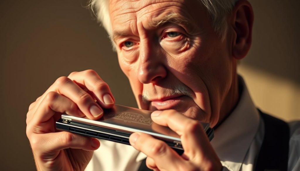 A portrait of a distinguished-looking older man, dressed smartly in a collared shirt and tie, holding a harmonica up to his lips. His face is animated, eyes focused, as if caught in the midst of playing a soulful melody. The lighting is warm and flattering, casting gentle shadows that accentuate his features. The background is blurred, keeping the attention on the central figure, who appears to be an experienced and respected harmonica player, a true "professeur harmonica" guiding others on their musical journey. A portrait of a distinguished-looking older man, dressed smartly in a collared shirt and tie, holding a harmonica up to his lips. His face is animated, eyes focused, as if caught in the midst of playing a soulful melody. The lighting is warm and flattering, casting gentle shadows that accentuate his features. The background is blurred, keeping the attention on the central figure, who appears to be an experienced and respected harmonica player, a true "professeur harmonica" guiding others on their musical journey.