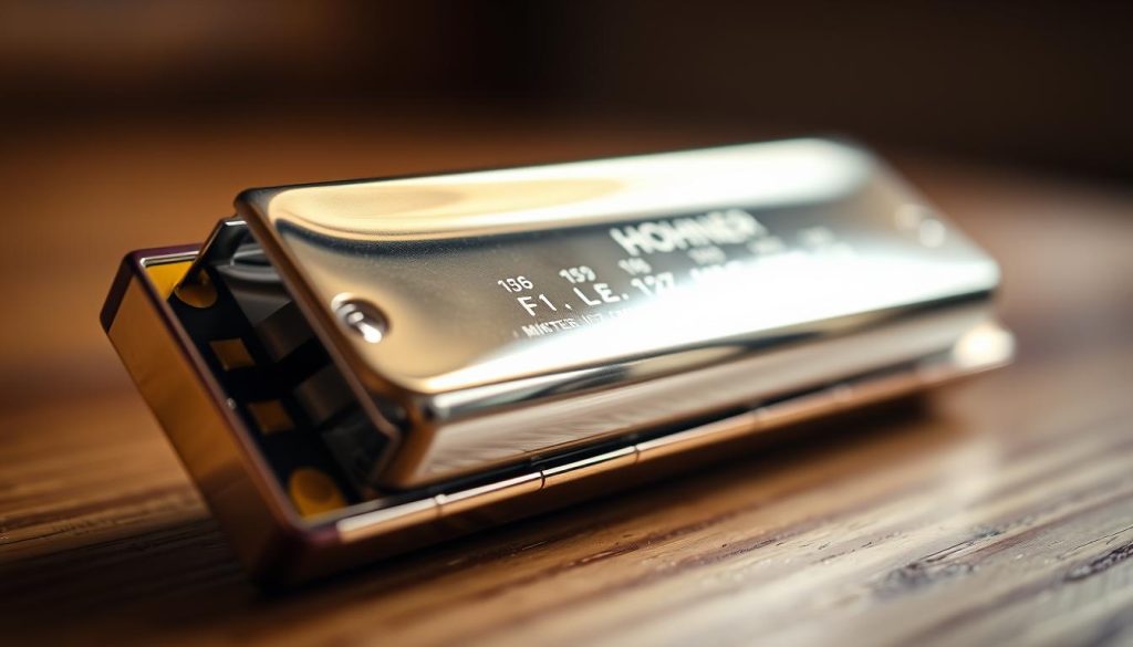 A realistic close-up photograph of a Hohner 5387 harmonica (10 hole Richter style) lying on a wooden surface, with a soft, warm lighting illuminating the instrument from the side. The harmonica has a polished chrome finish, with distinct reed plates and comb details clearly visible. The depth of field is shallow, focusing the viewer's attention on the intricate construction and design of the harmonica. The background is subtly blurred, creating a sense of depth and emphasizing the subject. The overall mood is one of thoughtful contemplation, inviting the viewer to appreciate the craftsmanship and attention to detail of this iconic musical instrument.
