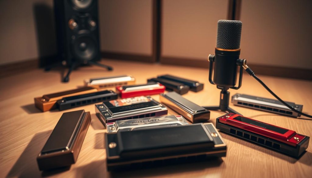 A well-lit studio setting featuring a collection of harmonicas in various colors, sizes, and models, arranged with a professional-grade dynamic microphone. The harmonicas are displayed on a clean, wooden surface, allowing the viewer to closely examine their intricate details. The microphone is positioned prominently, highlighting its importance in capturing the rich, resonant tones of the harmonicas. The lighting is soft and diffused, creating a warm and inviting atmosphere, emphasizing the artistry and craftsmanship of the harmonicas and the microphone. The composition is balanced and visually appealing, drawing the viewer's attention to the subject matter and conveying a sense of professionalism and expertise. A well-lit studio setting featuring a collection of harmonicas in various colors, sizes, and models, arranged with a professional-grade dynamic microphone. The harmonicas are displayed on a clean, wooden surface, allowing the viewer to closely examine their intricate details. The microphone is positioned prominently, highlighting its importance in capturing the rich, resonant tones of the harmonicas. The lighting is soft and diffused, creating a warm and inviting atmosphere, emphasizing the artistry and craftsmanship of the harmonicas and the microphone. The composition is balanced and visually appealing, drawing the viewer's attention to the subject matter and conveying a sense of professionalism and expertise.