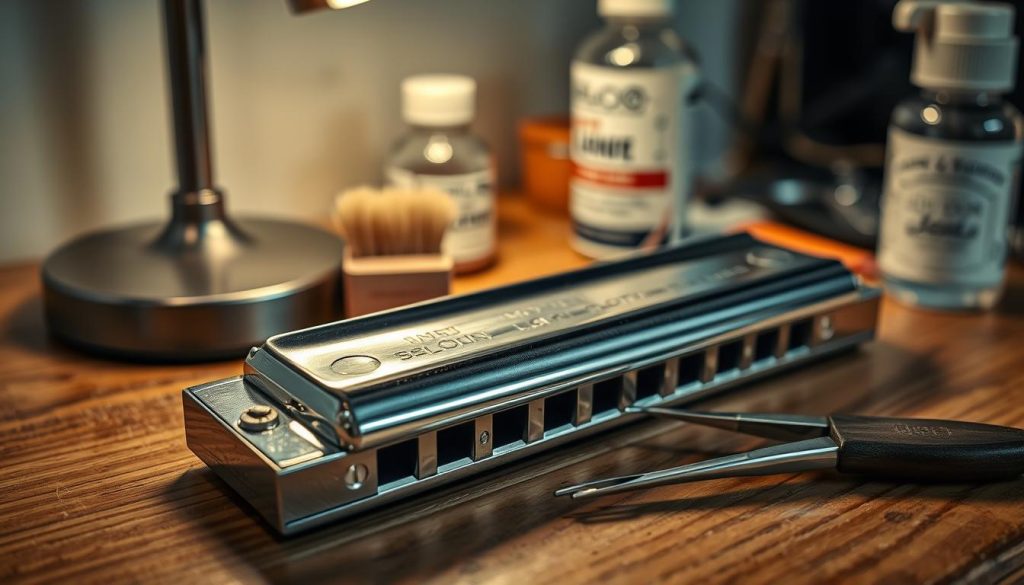 A well-maintained harmonica lies on a wooden workbench, its silver-plated reeds gleaming under the warm glow of a desk lamp. Nearby, a soft-bristled brush, a small pair of tweezers, and a bottle of specialized harmonica cleaning solution stand ready. The harmonica is captured in a close-up, high-resolution shot, highlighting the intricate details of its construction and the care required to keep it in pristine condition. The scene evokes a sense of precision, craftsmanship, and the dedication necessary for the proper maintenance of this delicate musical instrument. A well-maintained harmonica lies on a wooden workbench, its silver-plated reeds gleaming under the warm glow of a desk lamp. Nearby, a soft-bristled brush, a small pair of tweezers, and a bottle of specialized harmonica cleaning solution stand ready. The harmonica is captured in a close-up, high-resolution shot, highlighting the intricate details of its construction and the care required to keep it in pristine condition. The scene evokes a sense of precision, craftsmanship, and the dedication necessary for the proper maintenance of this delicate musical instrument.
