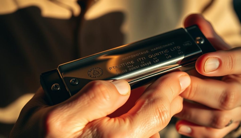 Detailed close-up shot of a person's hands adjusting the reeds and buttons of a classic diatonic harmonica, showcasing the intricate mechanics of the instrument. The harmonica is positioned in the center of the frame, with the hands gently manipulating the various components. Soft, warm lighting casts shadows that accentuate the textures and details of the harmonica's body and the skin of the hands. The background is blurred, keeping the focus on the delicate process of tuning and maintenance. The overall mood is one of precision, care, and the artistry involved in preserving the longevity and performance of this essential musical accessory.