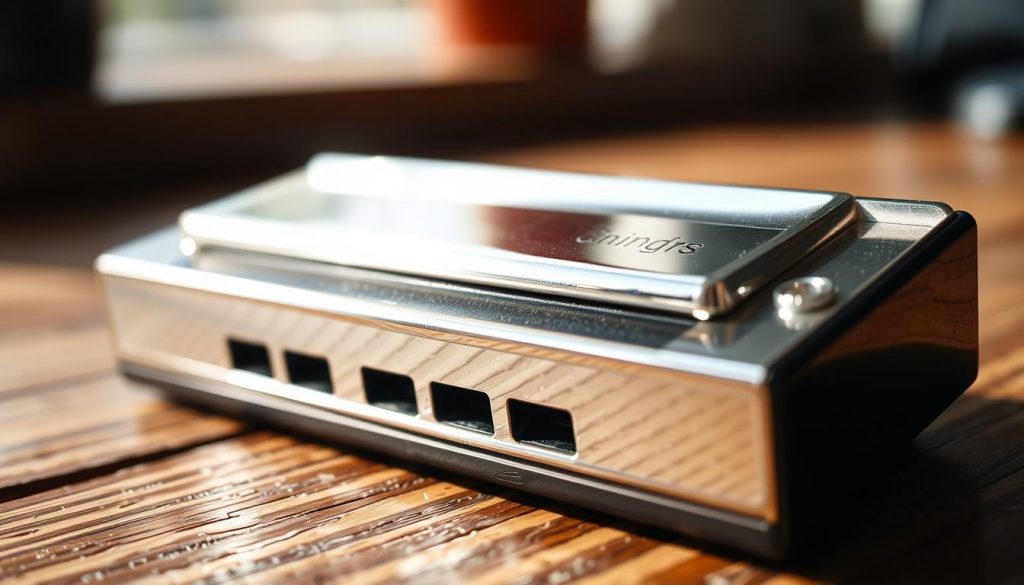 A close-up view of a harmonica, its metallic reeds glistening under soft, natural lighting. The harmonica is resting on a textured wooden surface, perhaps a tabletop or a desk, conveying a sense of warmth and tactility. The background is slightly blurred, creating a gentle, inviting atmosphere, allowing the harmonica to take center stage. The composition is balanced and visually appealing, showcasing the harmonica's simplicity and elegance, while hinting at its potential as a beginner-friendly musical instrument. A close-up view of a harmonica, its metallic reeds glistening under soft, natural lighting. The harmonica is resting on a textured wooden surface, perhaps a tabletop or a desk, conveying a sense of warmth and tactility. The background is slightly blurred, creating a gentle, inviting atmosphere, allowing the harmonica to take center stage. The composition is balanced and visually appealing, showcasing the harmonica's simplicity and elegance, while hinting at its potential as a beginner-friendly musical instrument.