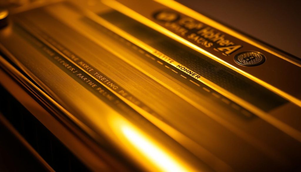 A close-up view of the intricate brass components of a classic Hohner Chromonica harmonica. The laiton, or brass, body and reed plates gleam under warm studio lighting, revealing the fine craftsmanship and attention to detail that defines this iconic musical instrument. The harmonious arrangement of the metal parts, including the precisely spaced reeds, conveys the technical excellence and premium quality materials used in the Chromonica's construction. The image captures the essence of the "Caractéristiques techniques et matériaux de qualité" section, highlighting the superior engineering that has made the Hohner Chromonica a beloved choice among musicians for generations.