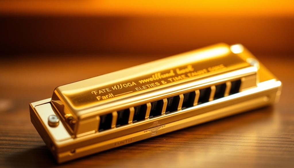 A finely crafted golden harmonica, its intricate mechanism gleaming in the soft, warm light. The instrument's body is meticulously detailed, with each component precisely aligned to produce the 12-tone equal temperament (12TET) tuning system. The harmonious arrangement of the reeds creates a flawless, resonant sound, perfectly suited for solo performances. The harmonica is positioned centrally, its form commanding attention, while the background fades into a soft, blurred ambiance, allowing the true star of the composition to shine. The overall scene conveys a sense of refined elegance and musical excellence, capturing the essence of the "Golden Melody" that captivates soloist performers. A finely crafted golden harmonica, its intricate mechanism gleaming in the soft, warm light. The instrument's body is meticulously detailed, with each component precisely aligned to produce the 12-tone equal temperament (12TET) tuning system. The harmonious arrangement of the reeds creates a flawless, resonant sound, perfectly suited for solo performances. The harmonica is positioned centrally, its form commanding attention, while the background fades into a soft, blurred ambiance, allowing the true star of the composition to shine. The overall scene conveys a sense of refined elegance and musical excellence, capturing the essence of the "Golden Melody" that captivates soloist performers.