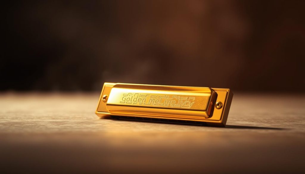 A gleaming golden harmonica sits center stage, its intricate metallic surface catching the warm, soft light of the studio. The instrument appears to glow, emanating a sense of melodic allure. In the background, a hazy, atmospheric setting with muted tones and gentle shadows creates a sense of depth, allowing the harmonica to take center focus. The composition is balanced, with the harmonica positioned to draw the viewer's eye, inviting them to imagine the soulful, captivating tunes it could produce. The overall mood is one of refined elegance and musical enchantment, perfectly capturing the essence of the "Golden Melody" harmonica. A gleaming golden harmonica sits center stage, its intricate metallic surface catching the warm, soft light of the studio. The instrument appears to glow, emanating a sense of melodic allure. In the background, a hazy, atmospheric setting with muted tones and gentle shadows creates a sense of depth, allowing the harmonica to take center focus. The composition is balanced, with the harmonica positioned to draw the viewer's eye, inviting them to imagine the soulful, captivating tunes it could produce. The overall mood is one of refined elegance and musical enchantment, perfectly capturing the essence of the "Golden Melody" harmonica.