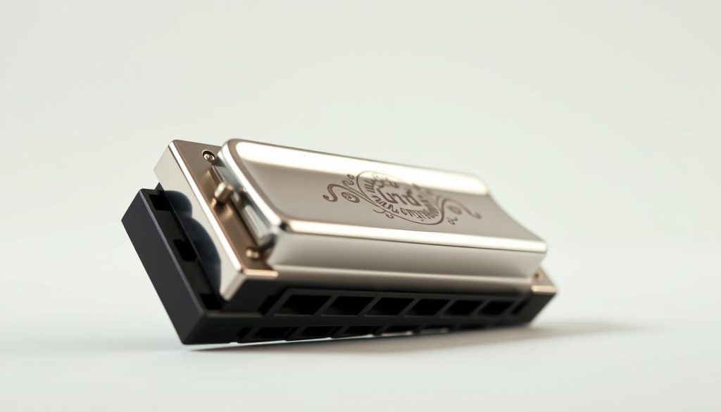 A high-quality, detailed image of a diato harmonica in a studio setting, showcasing its key features. Positioned at a slight angle with natural lighting from the left, the harmonica rests on a clean, neutral-colored surface. The focus is sharp, allowing the viewer to clearly see the intricate construction, including the individual holes, metal reeds, and the ornate cover plate. The metallic body reflects the light, creating a sense of depth and dimension. The overall mood is one of precision and craftsmanship, inviting the viewer to closely examine the instrument's design and appreciate its engineering. A high-quality, detailed image of a diato harmonica in a studio setting, showcasing its key features. Positioned at a slight angle with natural lighting from the left, the harmonica rests on a clean, neutral-colored surface. The focus is sharp, allowing the viewer to clearly see the intricate construction, including the individual holes, metal reeds, and the ornate cover plate. The metallic body reflects the light, creating a sense of depth and dimension. The overall mood is one of precision and craftsmanship, inviting the viewer to closely examine the instrument's design and appreciate its engineering.