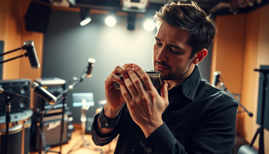 A professional musician performing on a well-lit studio stage, holding an expressive harmonica against a backdrop of meticulously arranged sound equipment. The performer's hands and face are in sharp focus, conveying a sense of intense concentration and musical passion. Soft, warm lighting casts dramatic shadows, highlighting the intricate details of the harmonica and the performer's technique. The studio environment is clean and modern, with a range of microphones, cables, and other audio gear surrounding the central performance. The overall atmosphere is one of artistry, professionalism, and the pursuit of musical excellence. A professional musician performing on a well-lit studio stage, holding an expressive harmonica against a backdrop of meticulously arranged sound equipment. The performer's hands and face are in sharp focus, conveying a sense of intense concentration and musical passion. Soft, warm lighting casts dramatic shadows, highlighting the intricate details of the harmonica and the performer's technique. The studio environment is clean and modern, with a range of microphones, cables, and other audio gear surrounding the central performance. The overall atmosphere is one of artistry, professionalism, and the pursuit of musical excellence.