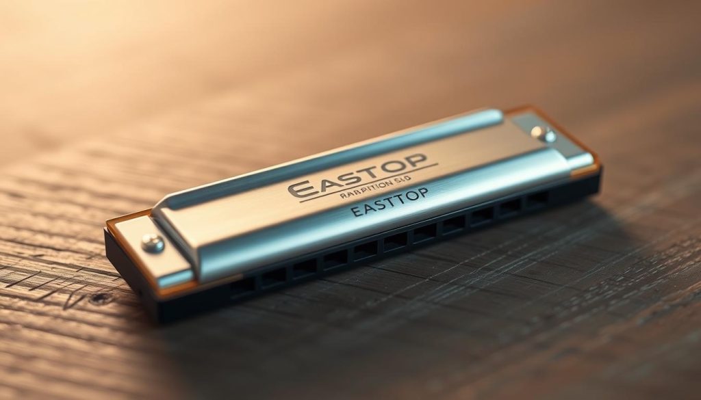 A sleek and modern diatonic harmonica in a brushed silver finish, resting on a textured wooden surface. The instrument is backlit with a soft, warm light, casting gentle shadows and highlighting its intricate details. The depth of field is shallow, drawing the viewer's attention to the harmonica's clean lines and elegant design. The overall mood is one of sophistication and minimalism, reflecting the Easttop brand's focus on quality and performance. The image conveys the idea of a versatile, high-end musical tool suitable for both beginners and experienced musicians. A sleek and modern diatonic harmonica in a brushed silver finish, resting on a textured wooden surface. The instrument is backlit with a soft, warm light, casting gentle shadows and highlighting its intricate details. The depth of field is shallow, drawing the viewer's attention to the harmonica's clean lines and elegant design. The overall mood is one of sophistication and minimalism, reflecting the Easttop brand's focus on quality and performance. The image conveys the idea of a versatile, high-end musical tool suitable for both beginners and experienced musicians.