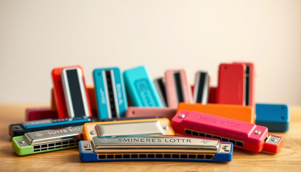 A vibrant still life showcasing a collection of beginner-friendly harmonicas in a variety of colors, shapes, and styles. The harmonicas are arranged on a warm-toned, wooden surface, creating a cozy, inviting atmosphere. Soft, diffuse lighting illuminates the instruments, highlighting their intricate details and textures. The harmonicas are placed in the foreground, while a blurred, neutral background provides a clean, minimalist setting, allowing the instruments to take center stage. The overall composition conveys a sense of simplicity, accessibility, and the excitement of a child's first musical exploration. A vibrant still life showcasing a collection of beginner-friendly harmonicas in a variety of colors, shapes, and styles. The harmonicas are arranged on a warm-toned, wooden surface, creating a cozy, inviting atmosphere. Soft, diffuse lighting illuminates the instruments, highlighting their intricate details and textures. The harmonicas are placed in the foreground, while a blurred, neutral background provides a clean, minimalist setting, allowing the instruments to take center stage. The overall composition conveys a sense of simplicity, accessibility, and the excitement of a child's first musical exploration.