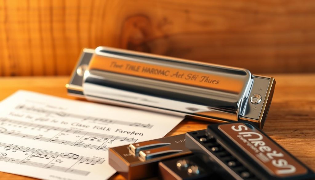 An expertly crafted harmonica, the centerpiece of the composition, rests against a warm, wooden background. The instrument's gleaming chrome detailing catches the light, creating a sense of elegant sophistication. In the foreground, sheet music and a variety of harmonicas in diverse styles - from classic blues to lively folk tunes - suggest the breadth of the harmonica's musical repertoire. Soft, diffused lighting illuminates the scene, evoking a cozy, inviting atmosphere, perfect for inspiring young musicians to explore the joys of this versatile instrument. An expertly crafted harmonica, the centerpiece of the composition, rests against a warm, wooden background. The instrument's gleaming chrome detailing catches the light, creating a sense of elegant sophistication. In the foreground, sheet music and a variety of harmonicas in diverse styles - from classic blues to lively folk tunes - suggest the breadth of the harmonica's musical repertoire. Soft, diffused lighting illuminates the scene, evoking a cozy, inviting atmosphere, perfect for inspiring young musicians to explore the joys of this versatile instrument.