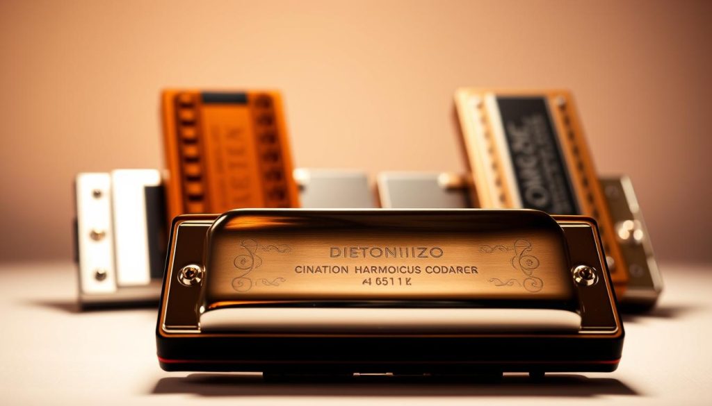 Comparaison harmonicas: a crisp studio shot showcasing three distinct diatonic harmonicas in a clean, well-lit setup. The foreground features the central harmonica, its polished chrome casing and intricate details captured in sharp focus. Flanking it are two other models, slightly blurred in the middle ground to accentuate the primary subject. Warm, directional lighting casts subtle shadows, highlighting the instruments' contours and textures. The background is a simple, neutral backdrop, allowing the harmonicas to take center stage and inviting the viewer to examine their differences in design and construction. Comparaison harmonicas: a crisp studio shot showcasing three distinct diatonic harmonicas in a clean, well-lit setup. The foreground features the central harmonica, its polished chrome casing and intricate details captured in sharp focus. Flanking it are two other models, slightly blurred in the middle ground to accentuate the primary subject. Warm, directional lighting casts subtle shadows, highlighting the instruments' contours and textures. The background is a simple, neutral backdrop, allowing the harmonicas to take center stage and inviting the viewer to examine their differences in design and construction.