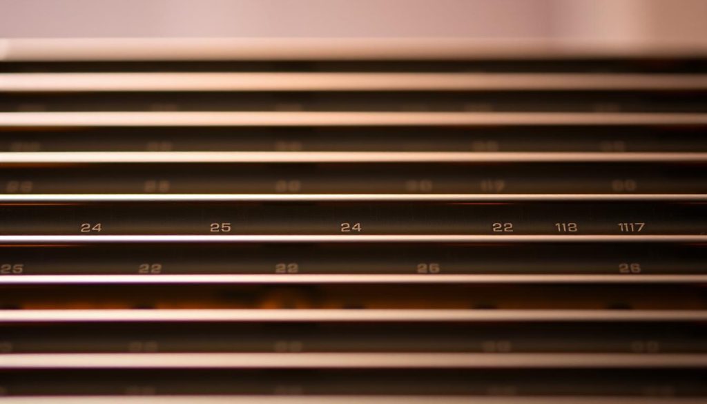 Seydel Session Steel: a close-up view of the iconic harmonica reeds, meticulously crafted from high-quality stainless steel. The reeds are arranged in a neat grid, their precise openings and subtle curves catching the warm, directional light that illuminates their reflective surfaces. The background is a softly blurred, muted palette, allowing the reeds to take center stage and showcase their refined, professional-grade design. The overall composition emphasizes the attention to detail and premium quality that defines the Seydel Session Steel harmonica, a tool cherished by musicians for its exceptional tone and playability.