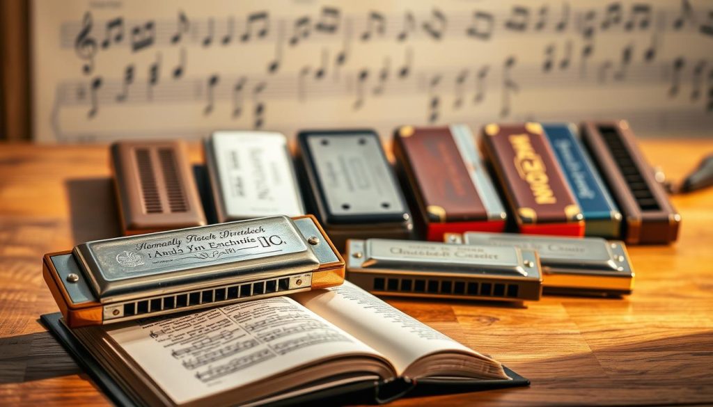A beautiful and harmonious annual harmonica repertoire displayed on a wooden table, with a warm, natural lighting. In the foreground, a vintage harmonica rests atop an open book, its intricate metalwork gleaming. In the middle ground, a collection of harmonicas in various keys and styles are neatly arranged, each representing a different month of the year. The background features a subtle, blurred musical staff motif, hinting at the melodies these instruments can produce. The overall scene conveys a sense of organization, dedication, and the joy of exploring the diverse musical potential of the harmonica throughout the seasons.