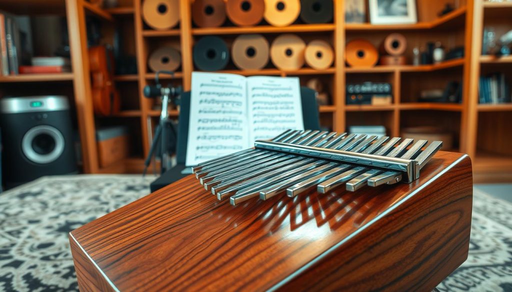 A beautiful, polished modern kalimba designed by Hugh Tracey is the focal point, prominently displayed in the foreground. The kalimba features intricately crafted wooden body with shiny metallic tines, showing rich natural wood grain patterns that glimmer under soft, warm lighting. In the middle ground, an artful arrangement of music sheets featuring traditional African notation complements the instrument, evoking a sense of musical history. The background showcases a cozy, softly lit room with wooden shelves filled with various musical instruments, creating a warm, inviting atmosphere. The image is taken from a slight angle using a 50mm lens to emphasize the details of the kalimba, conveying a mood of reflection and appreciation for cultural heritage.