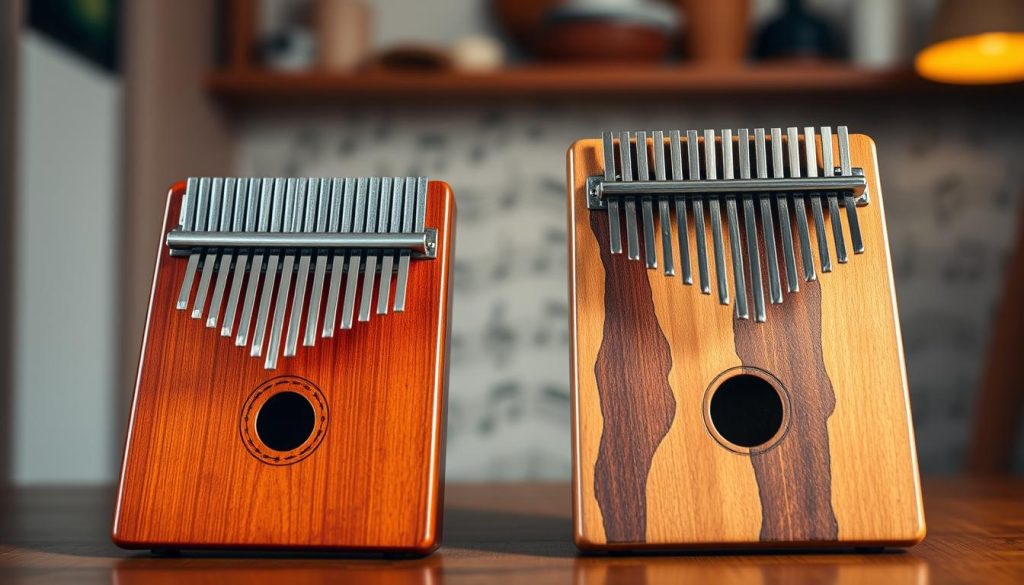 A beautiful, side-by-side comparison of a kalimba and a sanza showcasing their distinct features. In the foreground, the kalimba on the left is made of polished wood with visible metal tines and a warm, natural finish, while the sanza on the right is crafted from more earthy materials, possibly with a painted or patterned surface. The middle ground features a soft-focus backdrop of musical notes subtly arranged to hint at the sound each instrument produces. The background is a blurred, cozy setting, perhaps a wooden table with warm, ambient lighting that creates a welcoming atmosphere. The angle should be slightly above the instruments, providing a clear view of their shapes and designs, evoking a sense of curiosity and appreciation for these unique musical instruments.