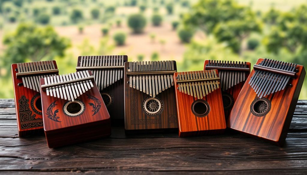 A beautifully arranged collection of African lamellophones, prominently featuring a kalimba, mbira, sanza, karimba, nyunga nyunga, and sansula. The instruments are intricately designed with ornate carvings and traditional patterns, placed on a textured wooden table. In the background, a softly blurred African landscape reveals lush greenery, emphasizing the cultural roots of these instruments. Warm, natural lighting highlights the wood grain and metallic tines, creating a serene and inviting atmosphere. The camera angle is slightly above eye level, capturing the details of each instrument while maintaining a cohesive composition. The mood is peaceful and reflective, inviting the viewer to appreciate the rich heritage of these unique instruments.