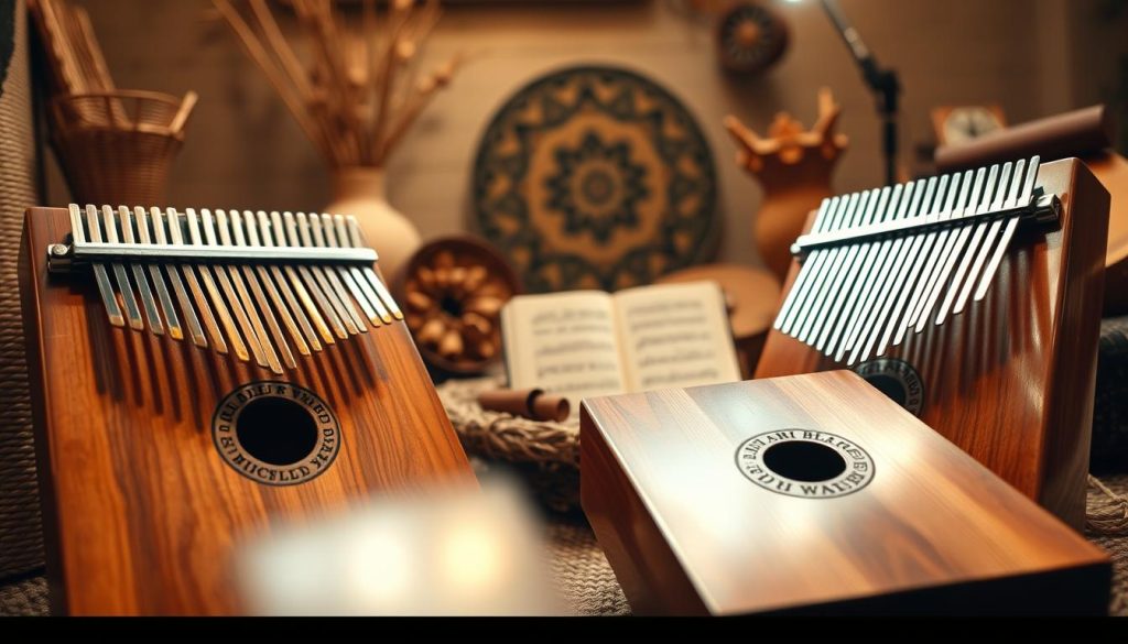 A beautifully arranged display of lamellophones à lames pincées, prominently featuring a kalimba and a mbira. The foreground should showcase the instruments with gleaming wooden finishes and vibrant metal tines, highlighting their intricate craftsmanship. In the middle ground, surrounded by decorative elements like traditional African textiles and natural materials, add a subtle music score to evoke sound. The background should feature a warm, softly lit environment, resembling a cozy music studio with earthy tones and soft shadows. Use diffused, natural lighting to create a calm, inviting atmosphere, capturing the essence of these cultural instruments. The angle should be slightly tilted downward, emphasizing the artistry and details of the instruments.