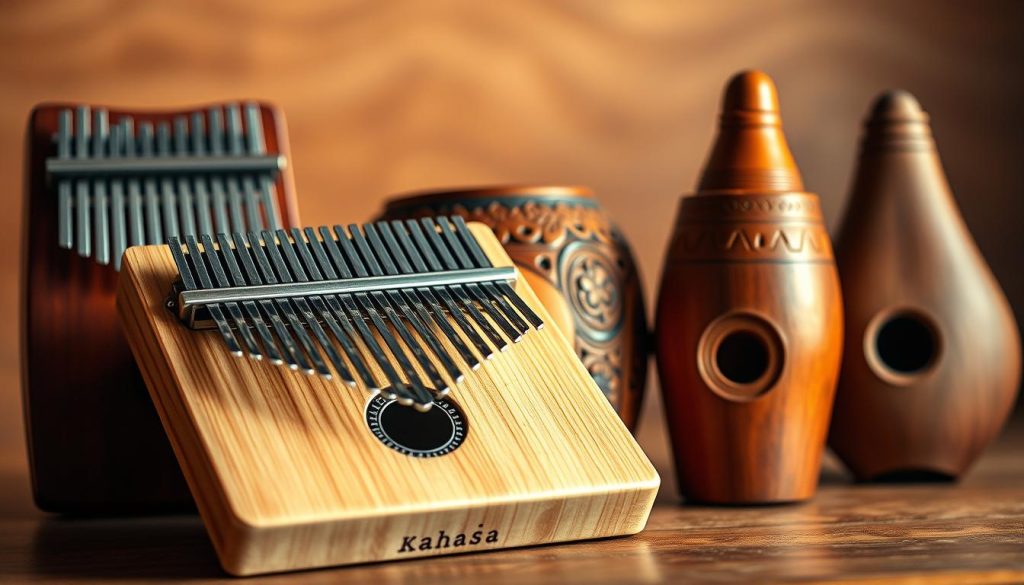 A beautifully arranged display of traditional thumb pianos, showcasing various shapes and designs. In the foreground, feature a kalimba made of light-colored wood with its metal tines glimmering under warm, soft light. Next to it, place a sanza with a rounded body, adorned with intricate carvings, and a likembé with a distinct, elongated shape, all highlighting their unique features. In the background, include a subtle gradient of earthy tones to create a serene, harmonious atmosphere. Use a shallow depth of field to focus on the instruments, with soft bokeh effects enhancing the aesthetic. The lighting should evoke a peaceful mood, reminiscent of a cozy musical gathering, inviting viewers to explore the rich cultural significance of these instruments.