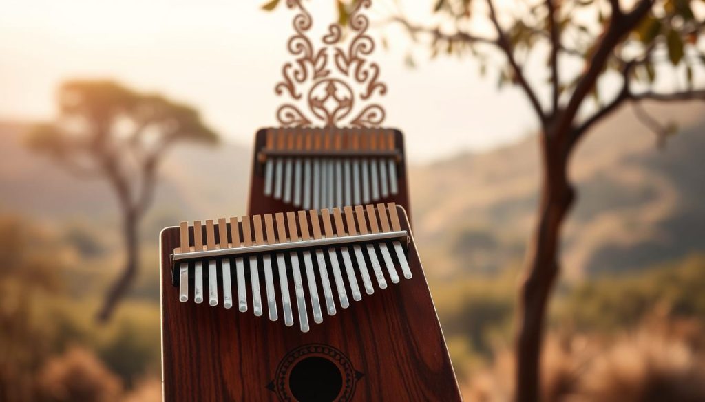 A beautifully crafted kalimba displayed in the foreground, showcasing its wooden body and metallic tines gleaming under soft, warm lighting. In the middle, an intricately designed traditional mbira, set against a backdrop of rich textures, symbolizing its African roots. The background features a serene, lush landscape with hints of a cultural heritage, like traditional patterns or symbols subtly woven into the scene. The lighting is soft, casting gentle shadows that create a warm, inviting atmosphere. The composition is balanced and harmonious, emphasizing the connection between the historical mbira and the modern kalimba, evoking a sense of cultural evolution and musical serenity. Use a slight depth of field to focus on the instruments, while the landscape gently blurs, creating a peaceful and reflective mood.