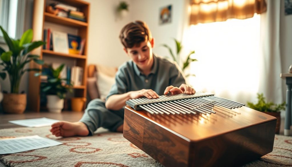 A beginner learning to play a kalimba sits on a cozy rug in a softly lit room, surrounded by plants and a few scattered music sheets. The foreground features the kalimba, its wooden body glimmering in warm light, with the player's hands gently pressing the metal tines. In the middle ground, a young adult, dressed in modest casual clothing, focuses intently on the instrument, a look of concentration in their eyes. In the background, a bookshelf filled with music books and colorful decorations adds an inviting touch to the scene. The ambiance is warm and encouraging, with soft natural light filtering in from a window, enhancing the serene atmosphere of music learning. The overall mood is inspirational and joyful, reflecting the excitement of discovering the kalimba. A beginner learning to play a kalimba sits on a cozy rug in a softly lit room, surrounded by plants and a few scattered music sheets. The foreground features the kalimba, its wooden body glimmering in warm light, with the player's hands gently pressing the metal tines. In the middle ground, a young adult, dressed in modest casual clothing, focuses intently on the instrument, a look of concentration in their eyes. In the background, a bookshelf filled with music books and colorful decorations adds an inviting touch to the scene. The ambiance is warm and encouraging, with soft natural light filtering in from a window, enhancing the serene atmosphere of music learning. The overall mood is inspirational and joyful, reflecting the excitement of discovering the kalimba.