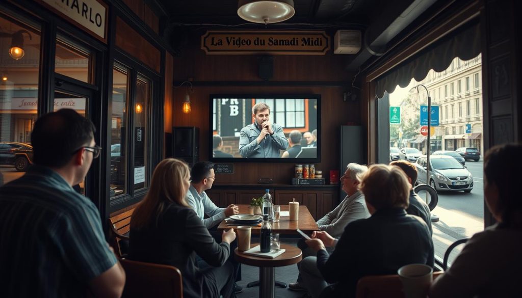 A bustling city street on a Saturday afternoon, the sun streaming through the windows of a cozy café. Inside, a group of patrons gathers around a central table, focused intently on a large screen displaying a live performance by a skilled harmonica player. The scene is warm and inviting, with soft lighting and a hint of vintage charm, capturing the essence of a weekly tradition - "La Vidéo du Samedi Midi" - where music enthusiasts come together to share their passion and learn from each other. The camera angle is slightly elevated, providing a bird's-eye view of the intimate gathering, drawing the viewer into the dynamic and welcoming atmosphere.