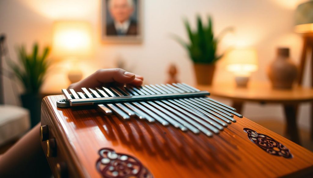 A close-up shot of two hands expertly playing a kalimba, showcasing the fingers delicately pressing the metal tines with precision. The foreground highlights the vibrant wooden body of the kalimba, adorned with intricate carvings that catch the light. In the middle ground, the hands are in focus, conveying movement and the intimacy of the music-making process. The background is softly blurred, featuring a cozy room ambiance with warm, diffused lighting, highlighting textures like a wooden table and a subtle plant display. The mood is calm and inviting, evoking a sense of relaxation and creativity. Capture this scene with a shallow depth of field to emphasize the musicianship and warmth of playing the kalimba.