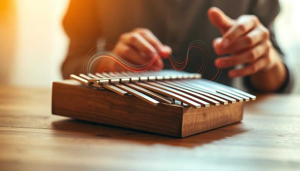 A close-up view of a beautifully crafted kalimba placed on a wooden table, with its metal blades glistening in warm, soft light. The image focuses on the intricate details of the blades, showcasing their varying lengths and textures. Vibrations emanate from the kalimba, depicted as gentle, colorful waves rippling outward, symbolizing sound. In the background, a blurred musician's hands gently touch the kalimba, creating an inviting and serene atmosphere. The lighting is soft and warm, enhancing the natural beauty of the instrument, while the composition captures the essence of sound and vibration, evoking a sense of tranquility and harmony.