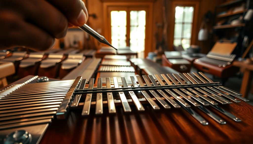 A close-up view of a craftsman meticulously tuning the metal blades of a kalimba, or thumb piano, with a tuning tool. The foreground captures the craftsman's hands delicately adjusting the blades, showcasing the shiny metallic textures and precise angles of each tuning fork. In the middle ground, a beautifully arranged array of kalimbas in different sizes and designs can be seen, highlighting the craftsmanship and aesthetics of each instrument. The background features a softly blurred wooden workshop, filled with warm, natural light filtering through a window, creating a serene and focused atmosphere. The scene is rich in details, emphasizing the craftsmanship involved in tuning these elegant instruments, with a soft focus on the blades to draw attention to their design and significance.