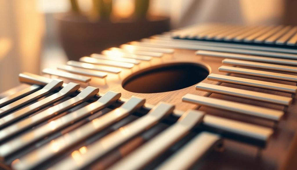A close-up view of a kalimba showcasing its metallic tines and resonance box. The foreground features the steel tines gleaming under soft, warm light, displaying their intricate craftsmanship and varying lengths. In the middle, the resonance box is elegantly crafted from polished wood, highlighting its rich texture and natural grains. The background should be softly blurred to suggest a serene environment, evoking a sense of calm and harmony. The lighting is warm and inviting, creating a cozy atmosphere that emphasizes the beauty and artistry of the kalimba. The angle is slightly tilted to provide depth, inviting viewers to appreciate the details of the instrument's composition. A close-up view of a kalimba showcasing its metallic tines and resonance box. The foreground features the steel tines gleaming under soft, warm light, displaying their intricate craftsmanship and varying lengths. In the middle, the resonance box is elegantly crafted from polished wood, highlighting its rich texture and natural grains. The background should be softly blurred to suggest a serene environment, evoking a sense of calm and harmony. The lighting is warm and inviting, creating a cozy atmosphere that emphasizes the beauty and artistry of the kalimba. The angle is slightly tilted to provide depth, inviting viewers to appreciate the details of the instrument's composition.