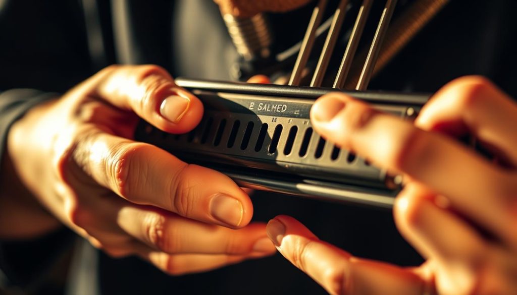 A close-up view of a musician's hands playing a harmonica, capturing the intricate patterns of the gamme (scale) with vivid clarity. The hands are positioned delicately, fingers moving with precision across the instrument's metal reeds, creating a sense of fluid motion and musical expression. The lighting is warm and focused, casting subtle shadows that accentuate the textures and contours of the hands and harmonica. The background is blurred, keeping the viewer's attention solely on the captivating performance of this iconic musical technique. A close-up view of a musician's hands playing a harmonica, capturing the intricate patterns of the gamme (scale) with vivid clarity. The hands are positioned delicately, fingers moving with precision across the instrument's metal reeds, creating a sense of fluid motion and musical expression. The lighting is warm and focused, casting subtle shadows that accentuate the textures and contours of the hands and harmonica. The background is blurred, keeping the viewer's attention solely on the captivating performance of this iconic musical technique.